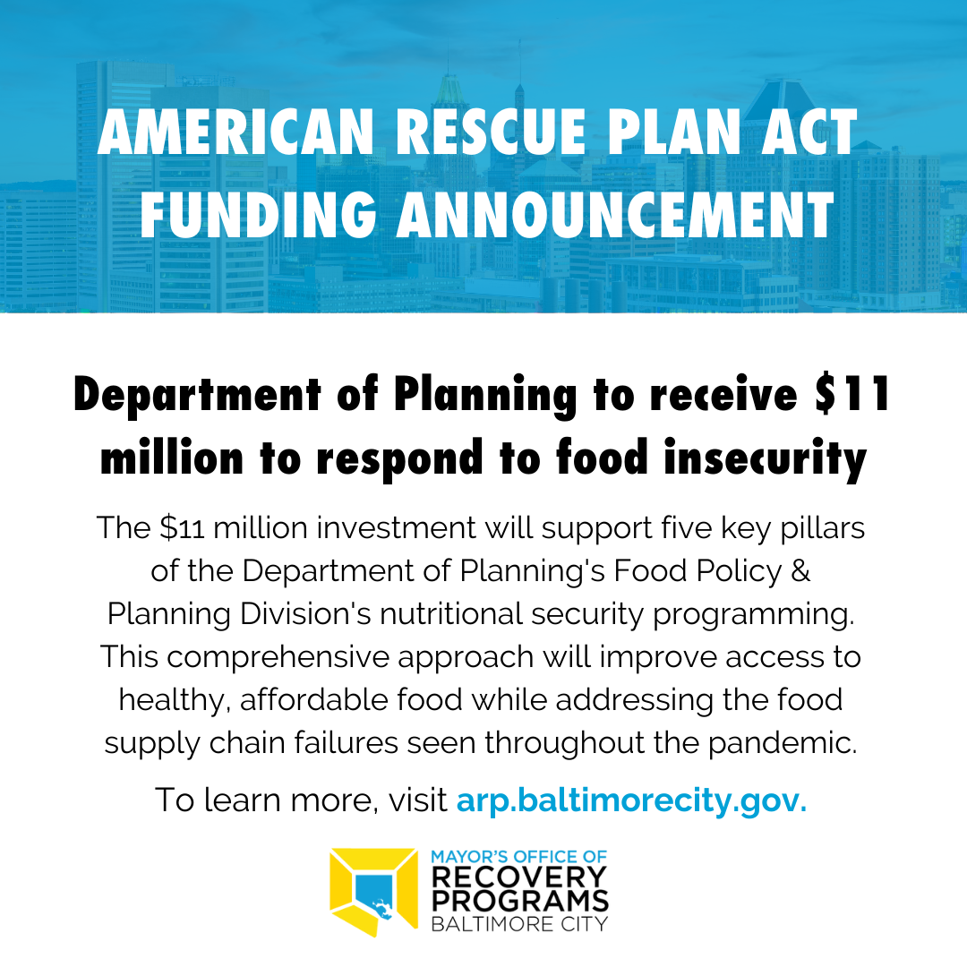 Banner "American Rescue Plan Act Funding Announcement" at top followed by "Dept of Planning to receive $11 million to respond to food insecurity"